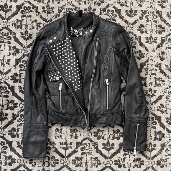 Danier Studded Black Leather Jacket XXS